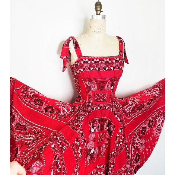 1940s / 1950s RARE TRUE Vintage Novelty Bandana Print Cotton Dress RED Elephant - Picture 8 of 8